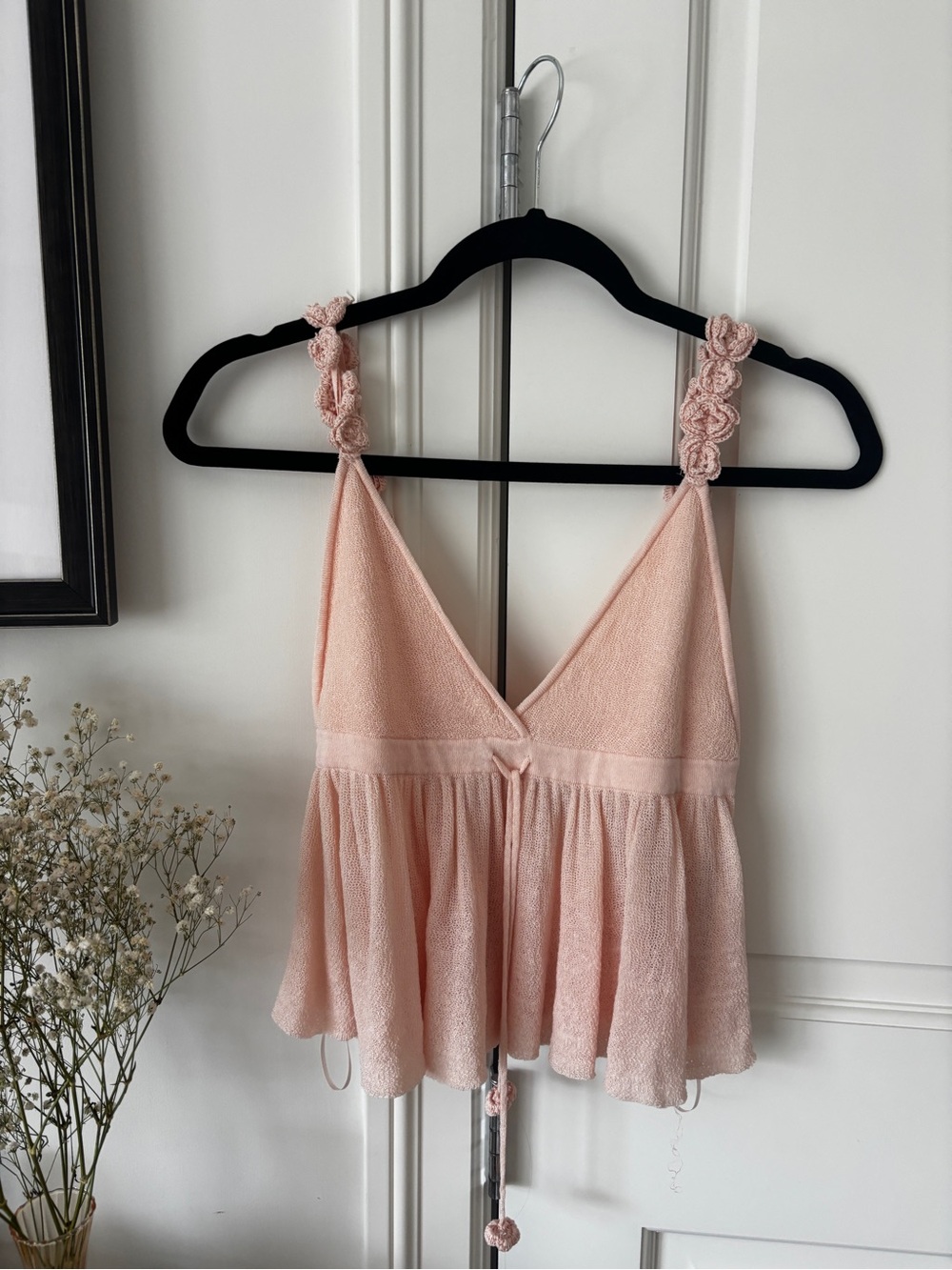 Zara Blush Pink Textured Tank Top with Floral Straps
